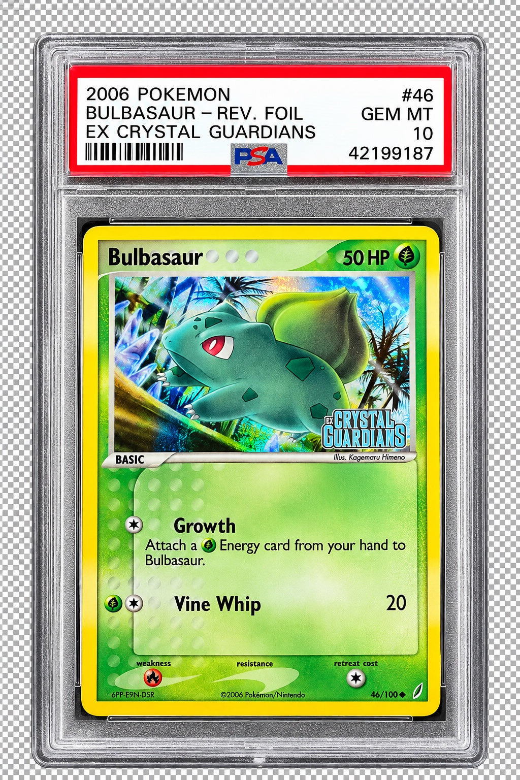 2006 EX Crystal Guardians Bulbasaur Reverse Foil #46/100 PSA 10, cert 42199187 – website-edited image