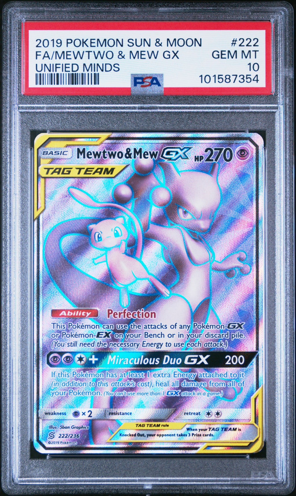 2019 Pokemon Unified Minds Mewtwo & Mew GX Full Art #222 PSA 10 front